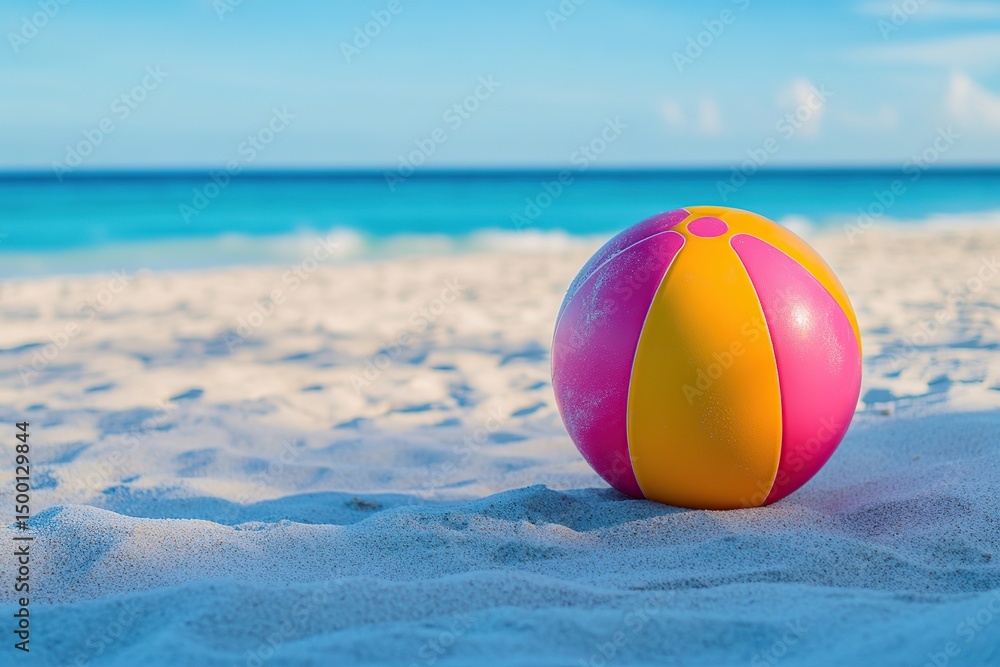 Obraz premium Colorful rubber beach ball resting on warm sandy beach by clear blue ocean