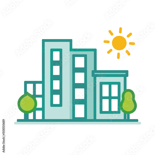 Modern city buildings with green trees and a bright sun against a minimalist white background, architectural concept of real estate or construction