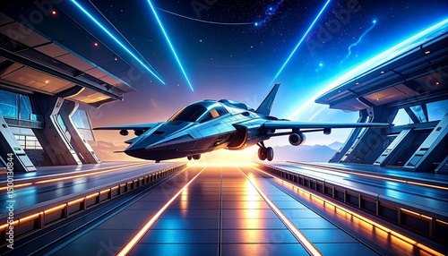 Futuristic Spaceship Taking Off from a Futuristic Hangar