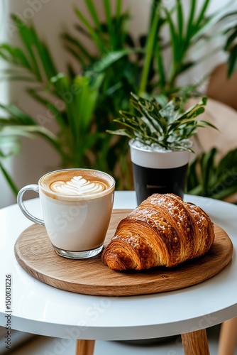 Delicious Croissant and Latte on a Bright Table With Green Plants in a Cozy C...