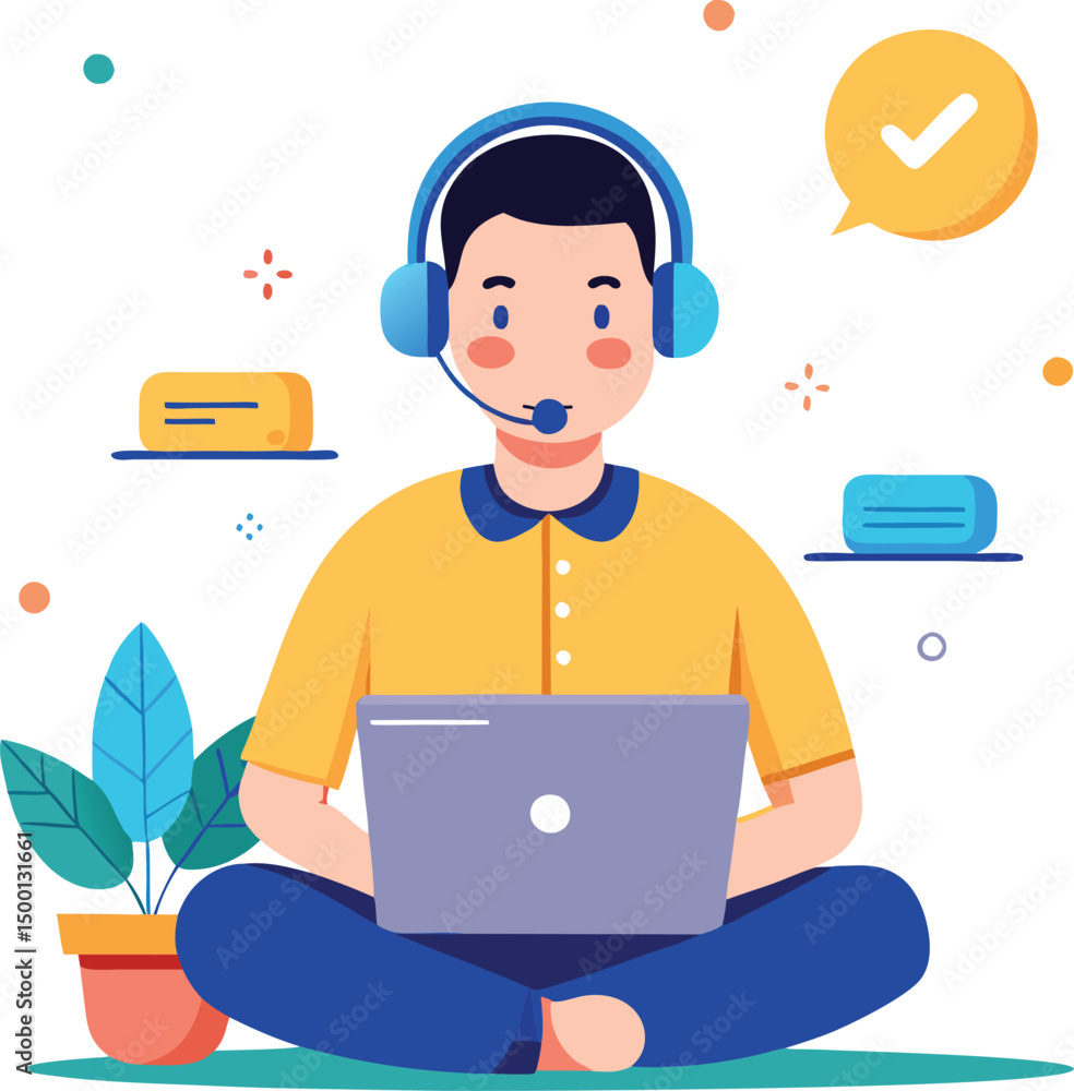 Man Sitting with Laptop and Headphones, Modern Flat Vector Illustration Man Sitting with Laptop and Headphones, Modern Flat Vector Illustration
