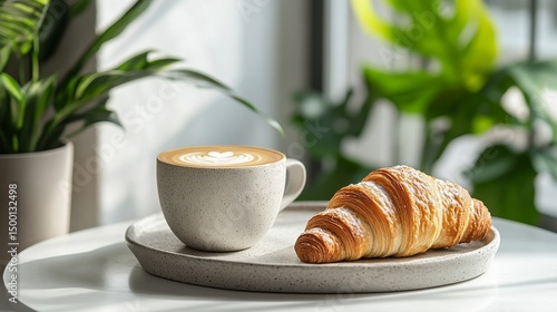 Enjoying a Warm Croissant With a Latte in a Cozy Cafe Setting