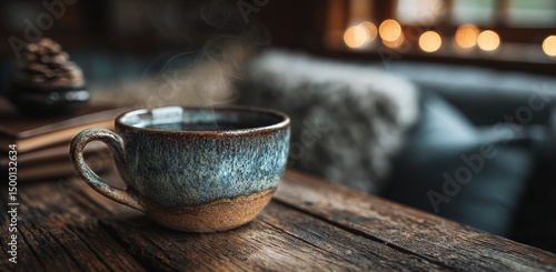 Warm Cup of Coffee on Rustic Wooden Table With Cozy Ambiance in the Background