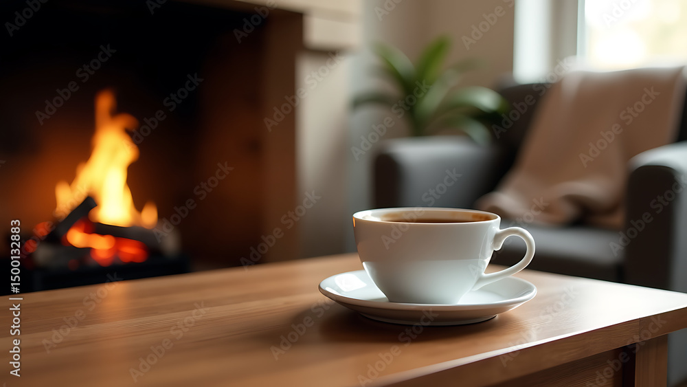 image shows cup coffee sitting top wooden table next fireplace cup filled steaming hot beverage likely image shows cup coffee sitting top wooden table next fireplace cup filled steaming hot beverage likely