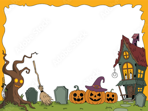 Vector art of Halloween scene with haunted house, pumpkins, tombstones, spooky tree and witch's broom frame isolated on white background