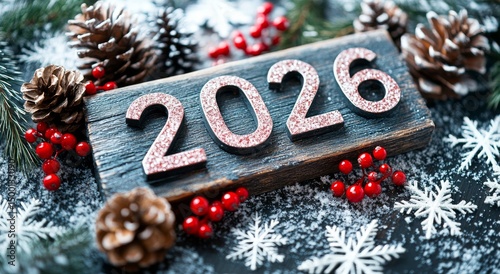 Festive Winter Decorations Showcasing the Year 2026 With Pinecones and Berrie...