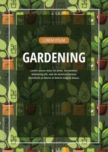 Gardening service flyer leaflet design template. Agricultural and farming services social media post lawn gardening. Gardening seamless pattern background