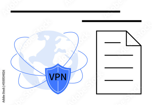 Globe with orbital lines and shield marked VPN beside a document outline with text lines. Ideal for cybersecurity, encryption, privacy, internet protection, data transfer, security solutions, global