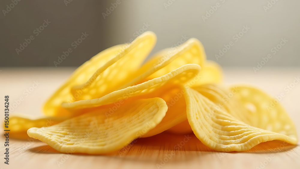 image shows pile potato chips sitting top table chips color crunchy texture image shows pile potato chips sitting top table chips color crunchy texture