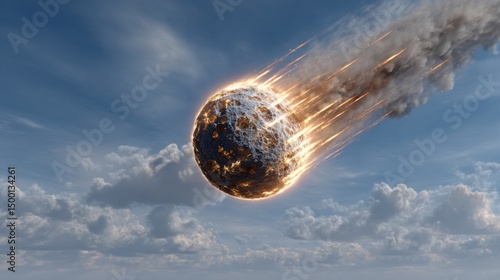 A large, burning meteor streaks across a cloudy sky, trailing smoke and fire debris.