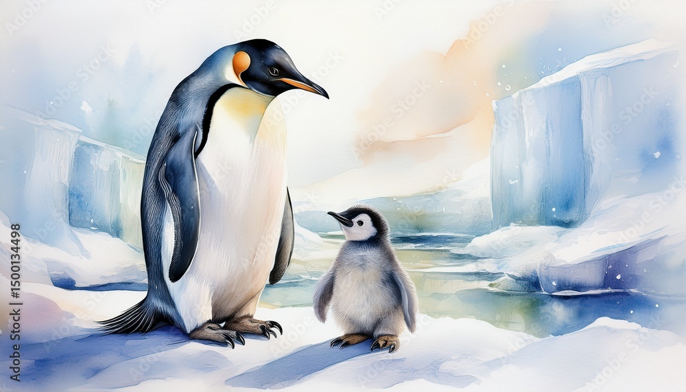Fototapeta premium Kaiserpinguin in Aquarell – arktische Eleganz in Pastellfarben