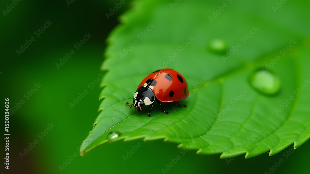 image shows red black ladybug perched atop green leaf water droplets glistening surface background slightly image shows red black ladybug perched atop green leaf water droplets glistening surface background slightly