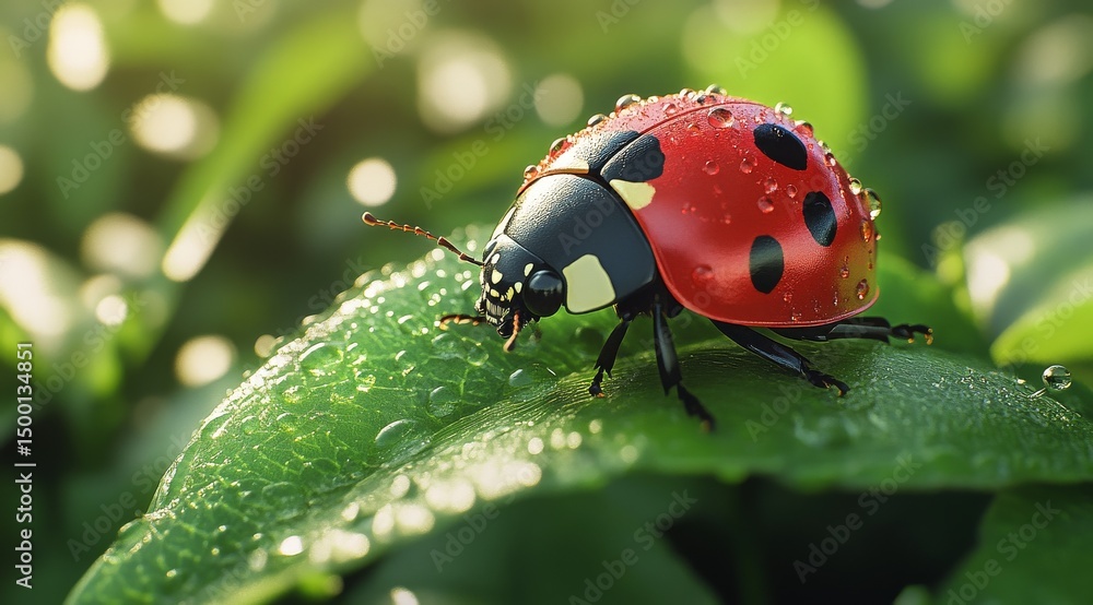 Naklejka premium Colorful Beetle With Droplets on Green Leaf in a Vibrant Garden During a Sunny Afternoon