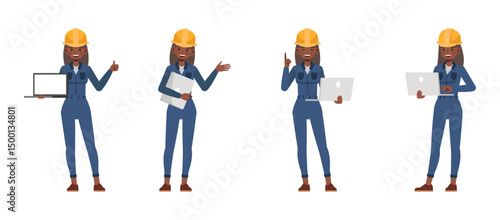 Women worker wearing blue jumpsuit working and holding laptop character vector illustration design set.