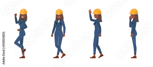 Women worker wearing blue jumpsuit character vector illustration design set. Happy female walking saying hello.
