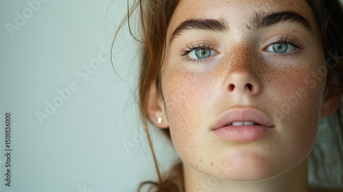 Close-up of a young woman with freckled skin, looking thoughtfully into the distance with a neutral expression, her hair loosely tied up, no makeup. 