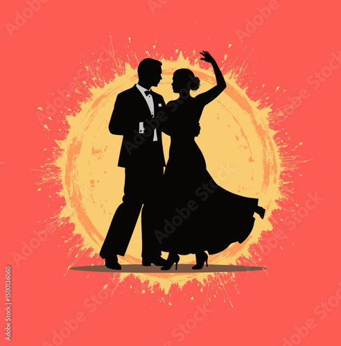 Silhouetted couple dancing elegantly against a colorful backdrop  