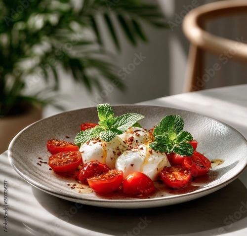 Fresh Burrata Cheese With Roasted Cherry Tomatoes and Herbs on a Rustic Plate...