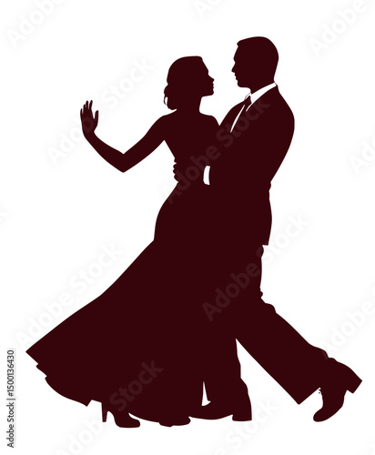 Elegant couple dancing together in silhouette on a plain background  