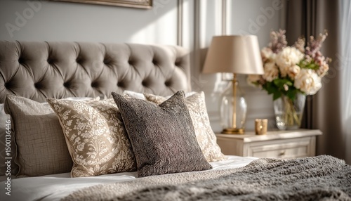 Elegant and Cozy Bedroom With Plush Bedding and Decorative Pillows in a Soft ...