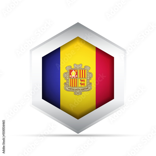Andorra Flag in Hexagon Shape – 3D-Style Vector Icon with National Coat of Arms