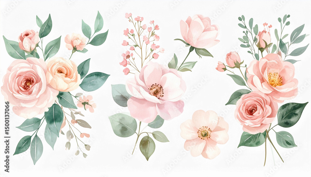 Fototapeta premium Beautiful watercolor arrangement of soft pink and peach flowers with green leaves, perfect for decoration and design use in various artistic projects and materials
