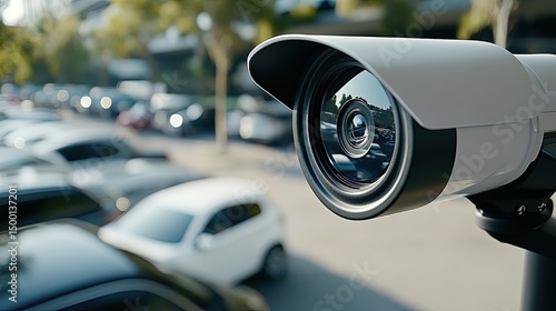 High-tech security camera with a zoom lens, watching over a corporate parking lot, connected to a central control system for automatic access regulation.