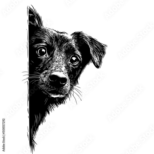 A curious puppy peers around a corner, with expressive eyes and a playful demeanor. this black and white illustration radiates charm and inquisitiveness.