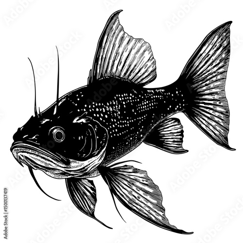 A stunning illustration of an exotic fish with ornate fins and unique barbels. captured in captivating monochrome detail.