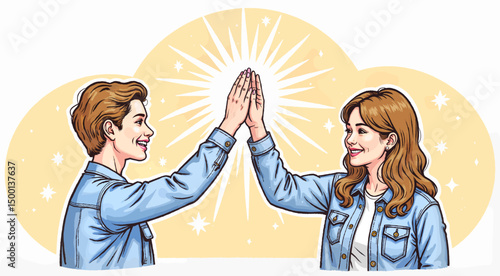 Young man and woman high-fiving with a bright background