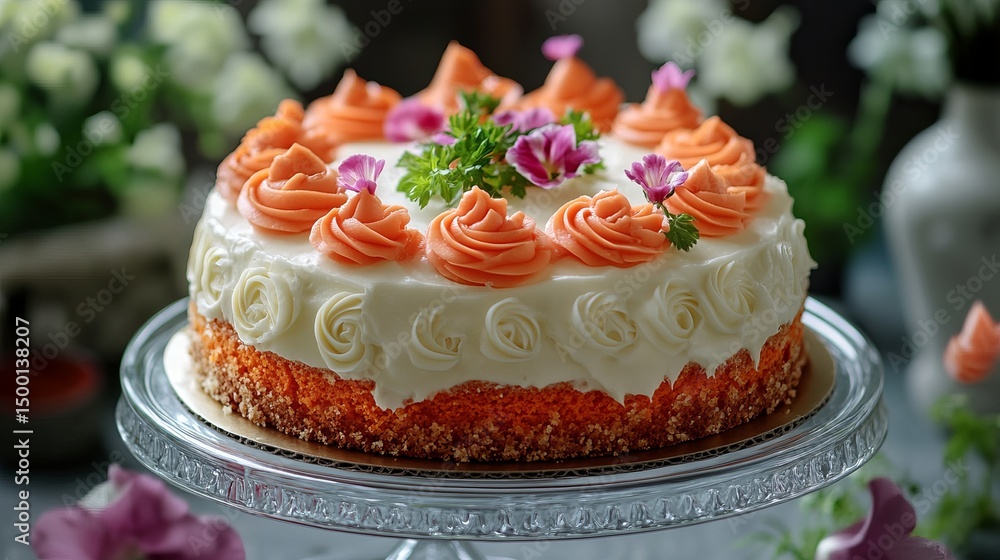 Decorated carrot cake sits on a clear glass stand with floral accents in a blurred background. Decorated carrot cake sits on a clear glass stand with floral accents in a blurred background.