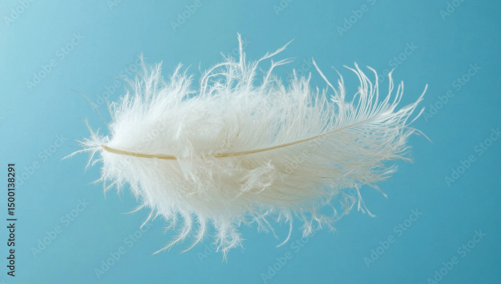 Obraz premium Delicate White Feather Against a Light Blue Background