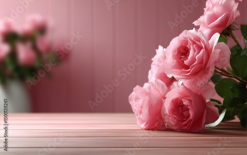 Beautiful Pink Roses Arranged on a Wooden Table Against a Soft Pink Background