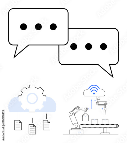 Speech bubbles, documents under a gear, robot arm on production line linked to cloud. Ideal for automation, communication, cloud processing, teamwork, productivity, AI technology flat simple