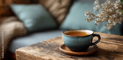 Warm Tea in a Cozy Setting With Soft Pillows and Wood Accents
