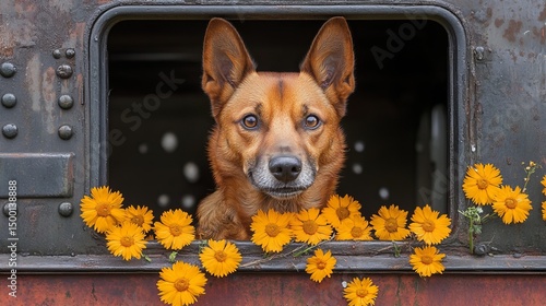 Dog looks out from the rusted train window decorated with several bright orange flowers.