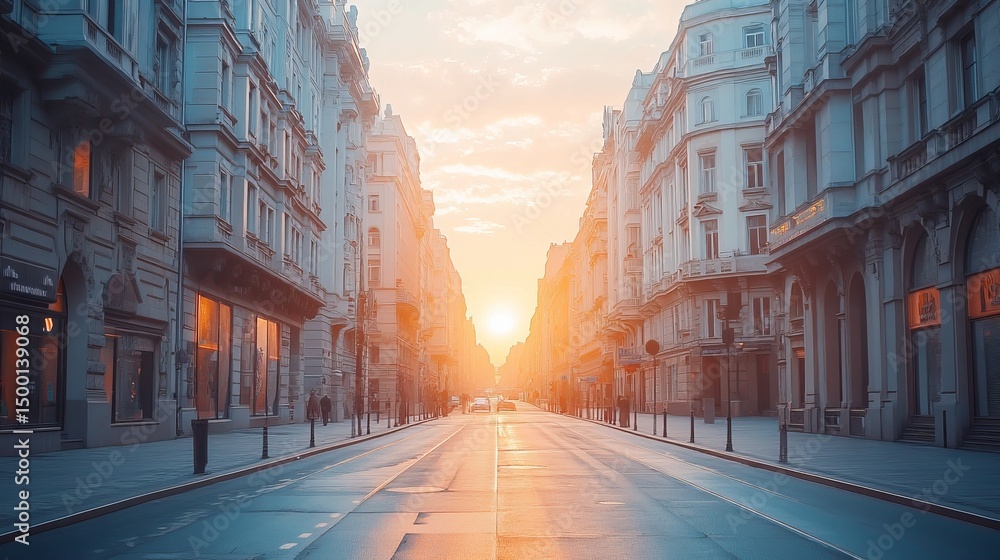 Fototapeta premium Empty street showcases buildings with golden light illuminating the road during sunset.