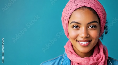 Woman in Pink Headscarf Smiles Warmly Against a Blue Background in an Indoor ...