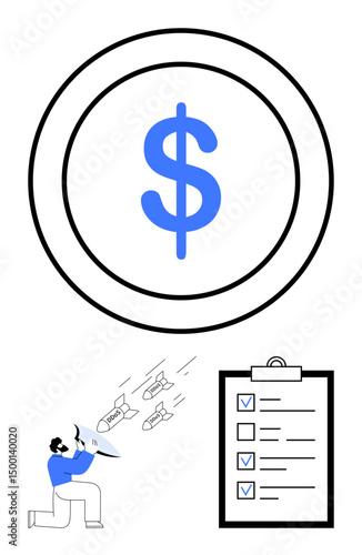 Central bold dollar sign, checklist with checked tasks, and figure holding a shield deflecting projectiles. Ideal for finance management, risk mitigation, goal achievement, strategic planning