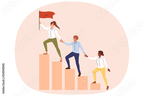 Teamwork company employees climbing up on schedule to hoist flag to top and achieve superiority over competitors. Woman leader organizes teamwork with colleagues to get outstanding results in business