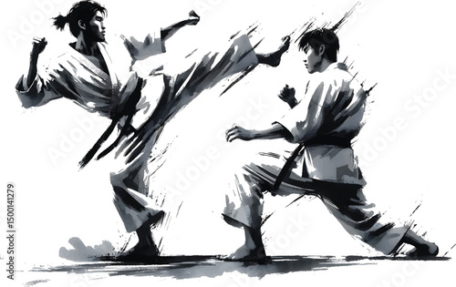  A striking black-and-white ink illustration depicting two martial artists engaged in a fierce combat. Karate gi and skillful movements emphasized for a powerful and focused