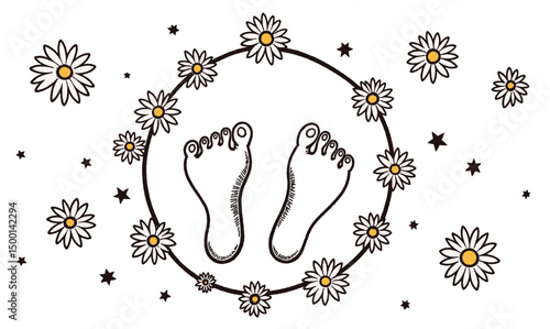 Feet illustration surrounded by flowers and stars in a circular design  