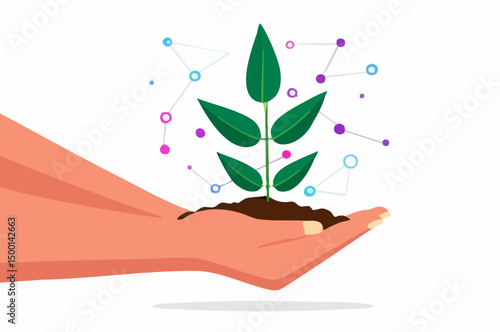 Hand Holding Sapling with Network ConnectionsVector image