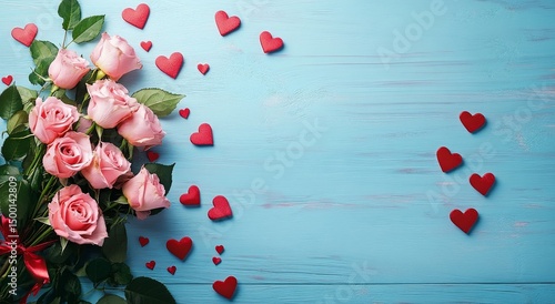 Valentine Roses With Red Hearts Arranged on a Light Blue Wooden Background fo...