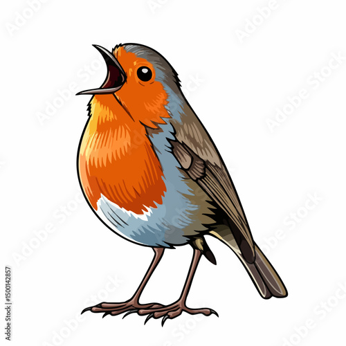 European Robin Singing Illustration. Vector image