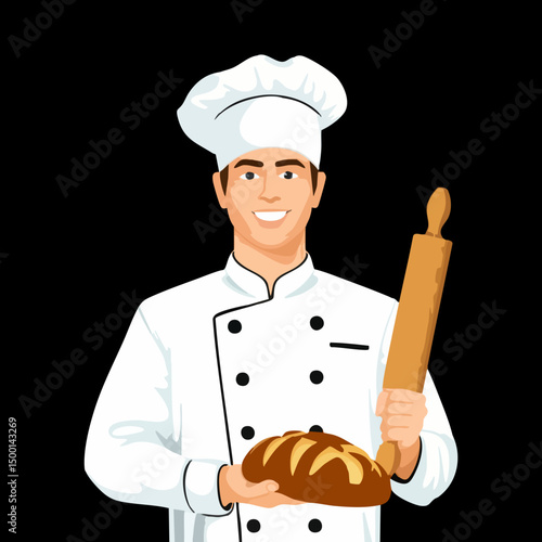 Baker presenting bread and rolling pinVector image