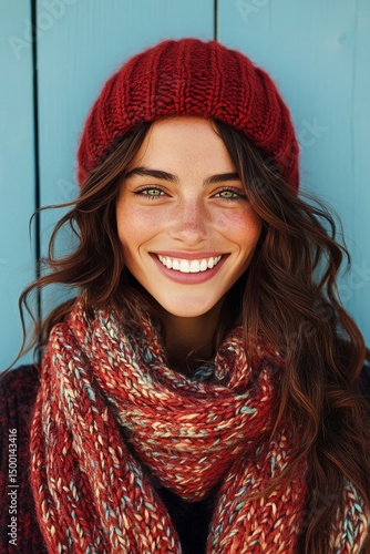 Smiling Woman Wearing a Red Knitted Hat and Scarf in Front of a Blue Wooden W...