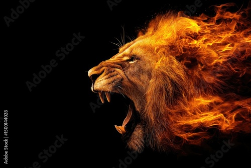 Fiery lion head roaring with flames on black background 