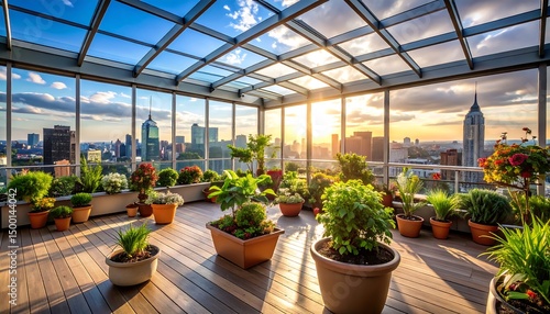 Rooftop Garden with Skyline View at Sunset