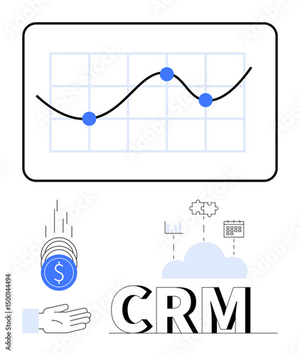 Graph with data points, coins falling into a hand, cloud storage icons, and CRM text. Ideal for business, analytics, cloud computing, finance, marketing automation and a simple landing page